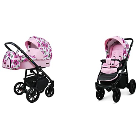 BabyLux Color Lux 2-in-1 Baby Kinderwagen Tief und Kinderwagen mit Zubehör Verstellbar und faltbar Aluminiumkonstruktion Wasserdichte Nicht abnehmbare Räder Bouquets Peony On White Black Frame
