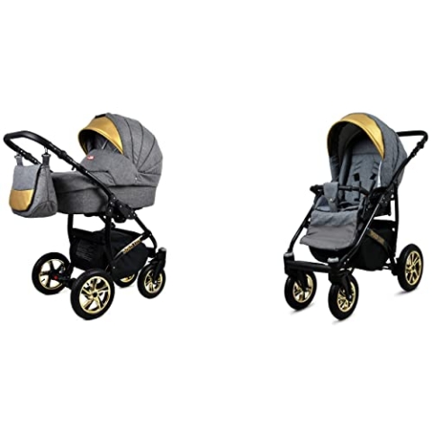 BabyLux Gold Lux 2-in-1 Baby Kinderwagen Tief und Kinderwagen mit Zubehör Verstellbar und faltbar Aluminium Konstruktion Wasserdicht Nicht abnehmbare Räder Flaxen Black Frame