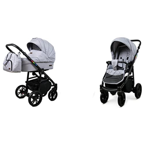 BabyLux Color Lux 2-in-1 Baby Kinderwagen Tief und Kinderwagen mit Zubehör Verstellbar und faltbar Aluminiumkonstruktion Wasserdichte Nicht abnehmbare Räder Silver Flex Black Frame