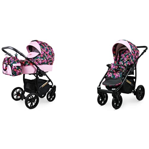 BabyLux Miracle 2-in-1 Baby Kinderwagen Tief und Kinderwagen mit Zubehör Verstellbar und faltbar Aluminium Konstruktion Wasserdicht Nicht abnehmbare Räder Gold Braid