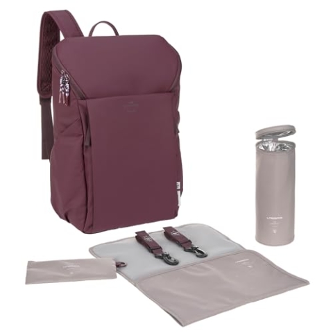LÄSSIG Baby Wickelrucksack mit Wickelunterlage, Kinderwagenbefestigung und Flaschenhalter/GRE Slender Up Backpack deep red