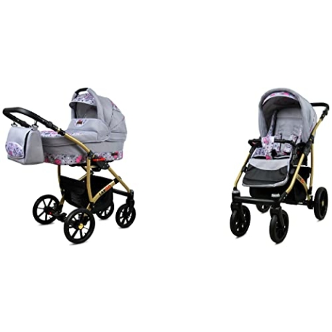 BabyLux Largo 2-in-1 Baby Kinderwagen Tief und Kinderwagen mit Zubehör Verstellbar und faltbar Aluminiumkonstruktion Wasserdicht Nicht abnehmbare Räder Red Flowers Gold Frame