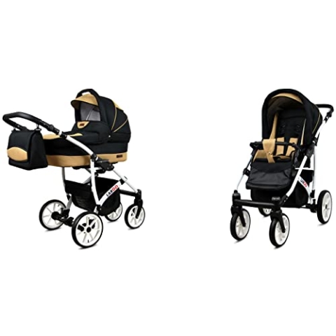 BabyLux Largo 2-in-1 Baby Kinderwagen Tief und Kinderwagen mit Zubehör Verstellbar und faltbar Aluminiumkonstruktion Wasserdicht Nicht abnehmbare Räder Black Coffe White Frame