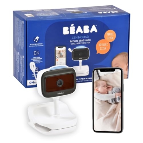 BÉABA, Babyphone Kamera Drahtlos mit Clip, Nomade, Nachtsicht, Mobile App, Farbiges Nachtlicht, Walkie Talkie, Schlaflieder, Thermometer, Luftfeuchtekontrolle, 6h Batterielaufzeit, Zen Nomad Weiß