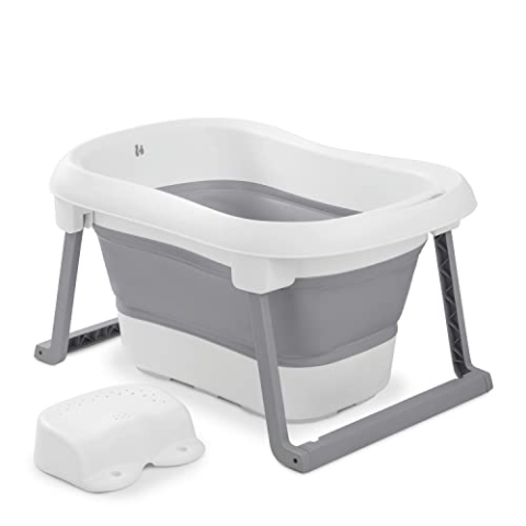 hauck Faltbare Babybadewanne mit Hocker Wash N Fold L für Babys & Kleinkinder ab Geburt bis 18 kg, Ablaufstöpsel mit Farbwechsel bei Hoher Temperatur, Weiche Materialien, 80 x 56 x 44 cm (White Stone)