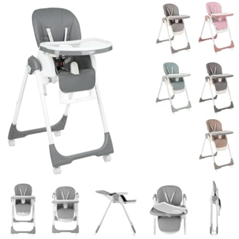 Kikkaboo Kinderhochstuhl Spicy faltbar, Tisch abnehmbar, verstellbar, 4 Räder, Farbe:grau