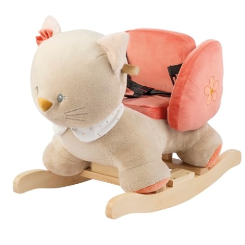 Nattou Schaukeltier, Katze Lana, Inkl. Sicherheitsgurt, Fröhliches Hin- und Herschaukeln, Ca. 60 x 30 x 45 cm, Mila, Zoë und Lana, Polyester/Holz, Beige