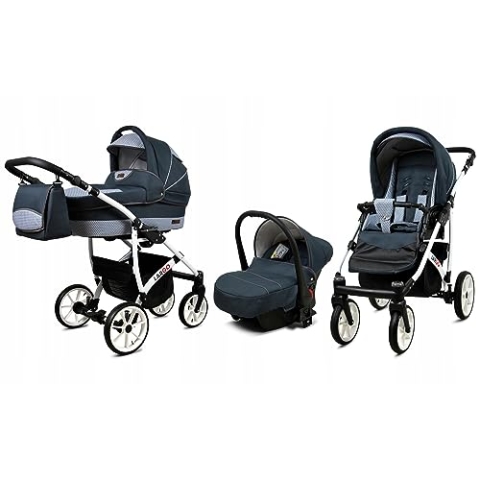 BabyLux® Bambimo Kinderwagen Set 3 in 1 - Largo - incl. Babywanne, Buggy Sportsitz, Auto-Babyschale - Autositz - Kinderwagenset - Kombikinderwagen mit Wickeltasche, Regenschutz usw.