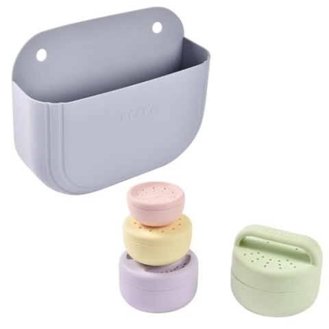 BÉABA, Set mit 4 Baby Badespielzeugen: Aufbewahrungskorb mit Saugnapf und Set mit 4 Silikon-Badespielzeugen, stapelbar, riesengroß, 2 Fächer, Kiesel & Mutli Farben