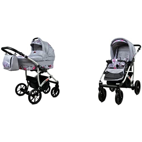 BabyLux Largo 2-in-1 Baby Kinderwagen Tief und Kinderwagen mit Zubehör Verstellbar und faltbar Aluminiumkonstruktion Wasserdicht Nicht abnehmbare Räder Red Flowers Silver Frame