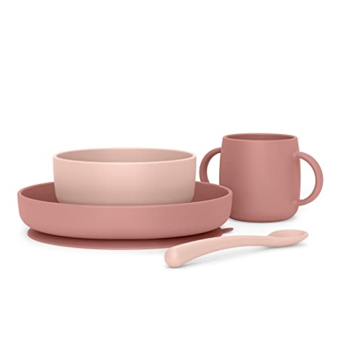 Suavinex, Kindergeschirr Set, Baby-Essensset, Silikongeschirr, Kinderteller mit Saugnapf. Teller + Schüssel + Löffel + Tasse. Lebensmittelgerechtes Silikon, Spülmaschinenfest, Mikrowellengeeignet Rosa