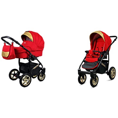 BabyLux Gold Lux 2-in-1 Baby Kinderwagen Tief und Kinderwagen mit Zubehör Verstellbar und faltbar Aluminium Konstruktion Wasserdicht Nicht abnehmbare Räder Scarlet Black Frame
