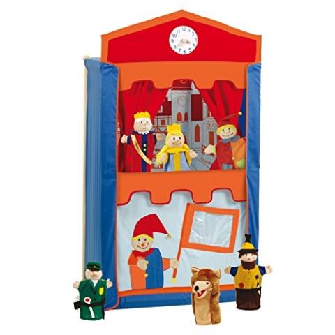 roba Kasperletheater, Puppentheater inkl. 6 Handpuppen, Kaspertheater aus Massivholz, freistehend mit Stoffbespannung