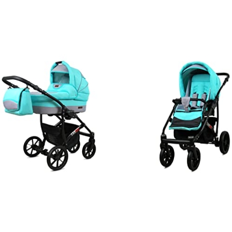 BabyLux Largo 2-in-1 Baby Kinderwagen Tief und Kinderwagen mit Zubehör Verstellbar und faltbar Aluminiumkonstruktion Wasserdicht Nicht abnehmbare Räder Fern Leaf Black Frame