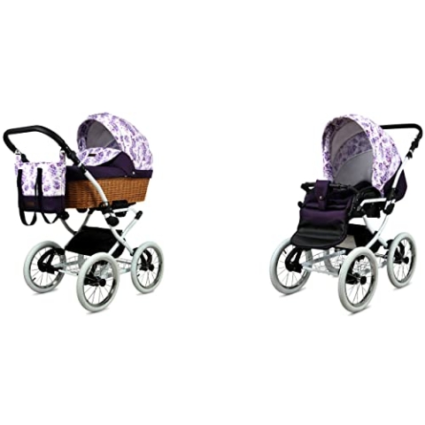 BabyLux ALU 2in1 Kinderwagen für Kleinkinder – Kinderwagen für Neugeborene und Kleinkinder – Baby Neugeborenen Kinderwagen – 59x105x125cm – Max. 15kg – Lilac Flowers White Frame