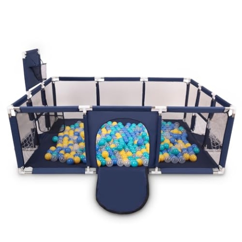 Selonis Laufstall Baby Großer Spielplatz Mit 200 Bälle Laufgitter Für Kinder, Dunkelblau:Türkis/Blau/Gelb/Transparent