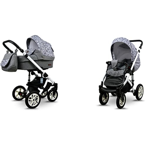 BabyLux® Sky Lark 2-in-1 Baby Kinderwagen Tief und Kinderwagen mit Zubehör Verstellbar und faltbar Aluminiumkonstruktion Wasserdicht Nicht abnehmbare Räder Grey Animals White Frame