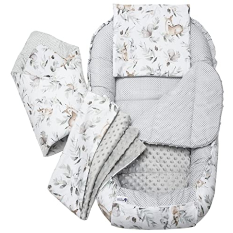 Medi Partners Babynestchen Babynest Set 100x60x15 Kuschelnest 5 teilig herausnehmbarer Einsatz Kokon Nestchen Babys Neugeborene 100% Baumwolle (Hirsch in Blättern mit Grau Minky)