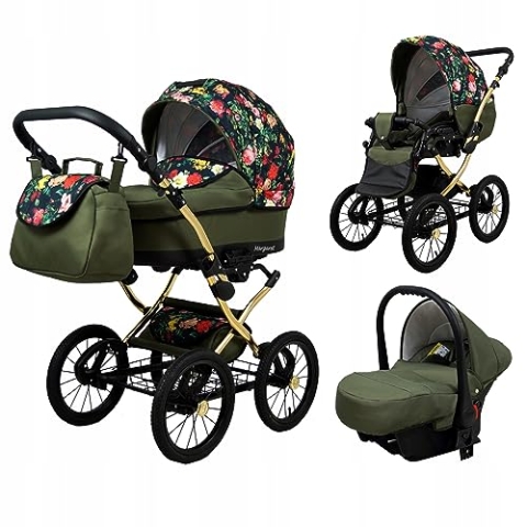 BabyLux® Bambimo Kinderwagen Set 3 in 1 - Margaret Gold - incl. Babywanne, Buggy Sportsitz, Auto-Babyschale - Autositz - Kinderwagenset - Kombikinderwagen mit Wickeltasche, Regenschutz usw.