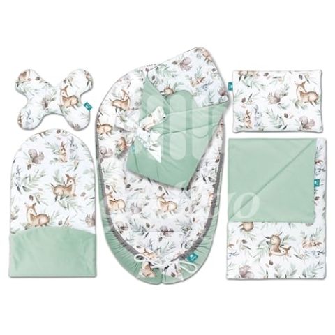 Lantigo Set für Neugeborene 6-teiliges Babynest Baumwolle mit Samt Baby Nestchen 95×55 cm inkl. Baby Kissen, Babydecke, Babyhörnchen, Erstausstattung Neugeborene Green Groove