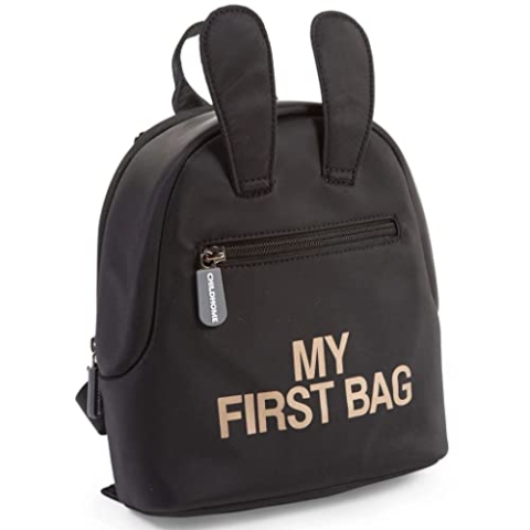 CHILDHOME, Kinderrucksack Baby, Schule, Vorschule, Kinderkrippe, Zwei Fächer, Lunchbag/Flaschen geeignet, Abnehmbare Sicherheitsschnalle, Wasserabweisend, My First Bag, Schwarz/gold