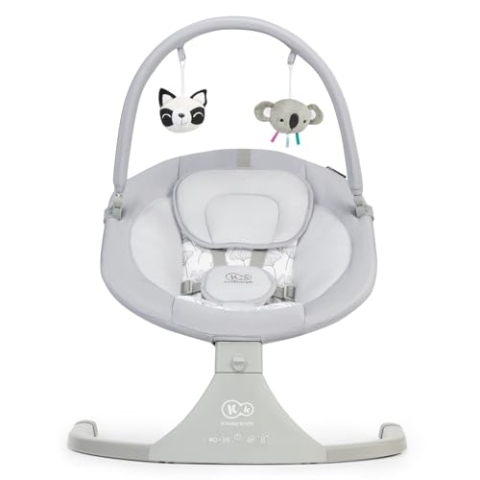 Kinderkraft Elektrische Babywippe 2 in 1 LULI, Babyschaukel, Babyliege, mit Spielbogen, 12 Melodien mit 5-Stufiger, Praktisches und intuitive Steuereinheit, Bequeme Schrittgurt, ab Geburt, Grau