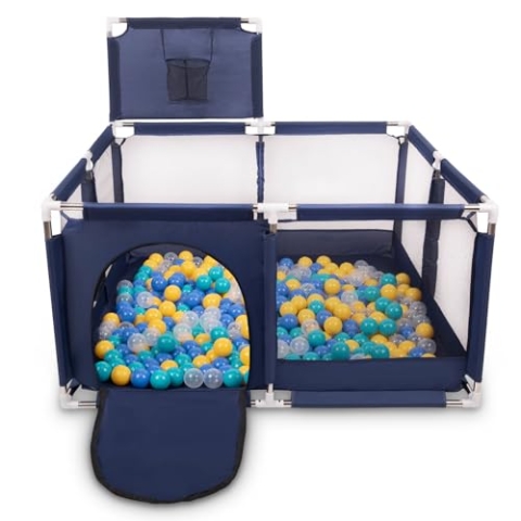 Selonis Laufstall Mit Korb Und 400 Bälle Laufgitter Für Kinder, Blau:Türkis/Blau/Gelb/Transparent