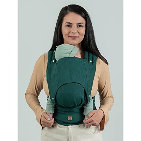 Isara Quick Half Buckle Babytrage in Evergreen Linen für Neugeborene ab Geburt bis Kleinkindalter (50-98 cm) - schnelles & einfaches Anpassen an die Größe des Kindes - Tragesystem aus Leinen