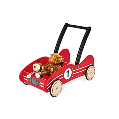 PINOLINO Lauflernwagen Kimi, aus Holz, mit Bremssystem, Lauflernhilfe mit gummierten Holzrädern, für Kinder von 1 – 6 Jahren, rot