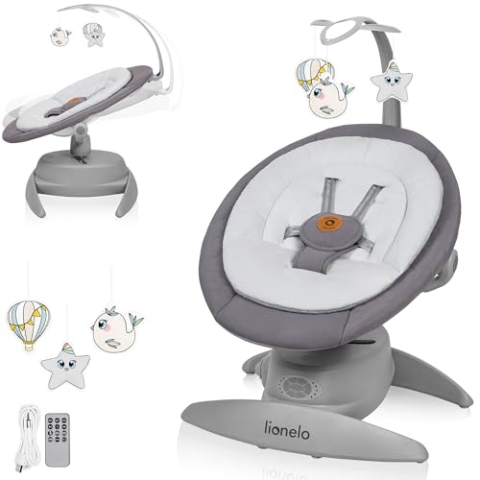LIONELO MELL Elektrische Babywippe mit 360o Drehung für Babys bis 9 kg Verstellbare Rückenlehne 5 Schaukelgeschwindigkeiten Bewegungserkennung Sitzgurte 12 Melodien Spielzeugbügel Fernbedienung