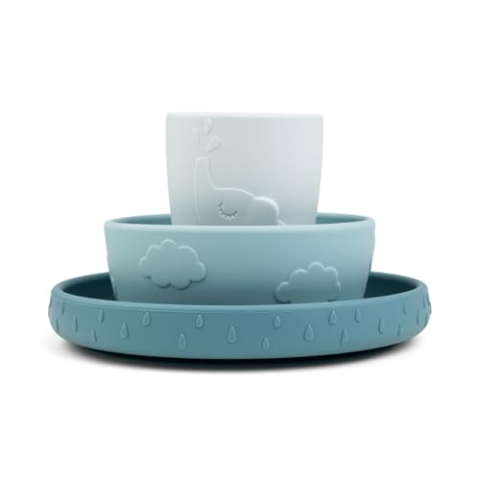 Done by Deer Stick&Stay Geschirr-Set Deer friends Blau - Kinderteller, Schüssel und Trinkbecher aus 100% Silikon in Lebensmittelqualität