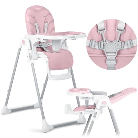 Ricokids - Tulo - 2in1 Hochstuhl Baby - Mit Gurt - Mit Abnehmbarem Tablett - Klappbarer Fütterungsstuhl Mit Rollen - Verstellbare Rückenlehne - Mitwachsender - Ab 6 Monat -102x54x72 cm - Rosa