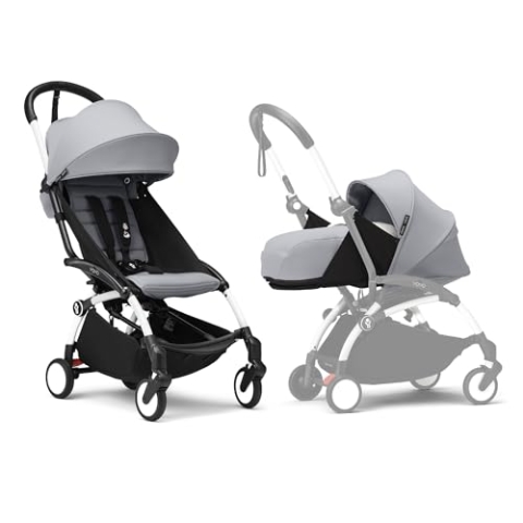 Stokke YOYO3 Kinderwagen mit Neugeborenen Set - Enthält weißem Rahmen, YOYO 6 + Textilset (Stone) & 0 + Neugeborenen Set (Stone)