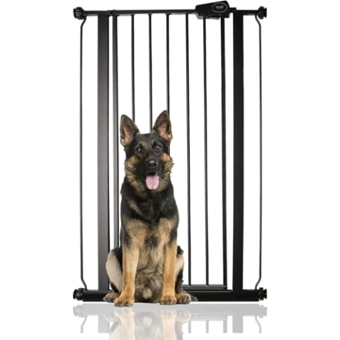 Bettacare Extra Hohes Sicherheitsgitter für Kinder und Hunde, 68.5cm - 75cm, Mattschwarz, Extra Hohes Babygitter von 104cm Höhe, Druckmontage-Sicherheitsgitter für Treppen