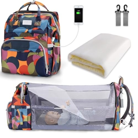 SNDMOR Wickeltasche Rucksack, wickelrucksack mit bettfunktion Großer, Multifunktionale Diaper Bag Mit Wickelunterlage, Kinderwagen-Haken, Geeignet für Mama und Papa