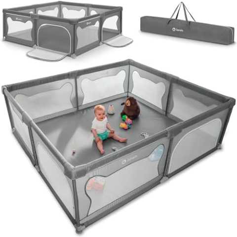 LIONELO WILLOW XL Laufgitter Baby, ab 0-48 Monaten große Fläche 187 cm x 207 cm x 68 cm, Laufgitter Baby mit Seitenwände aus atmungsaktiven Netzstoff, 2 Seitliche Eingänge mit einem Reißverschluss