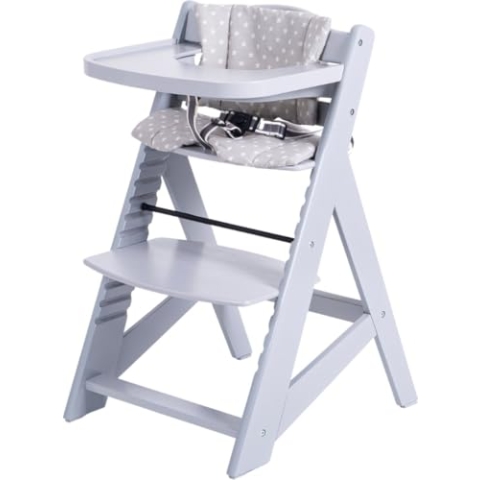 Buxibo Holz-Wachstumsstuhl für Kinder – Mit Essbrett – Verstellbarer Stuhl für Komfort & Design – Inkl. Kissen – 48x58x80 cm – Grau