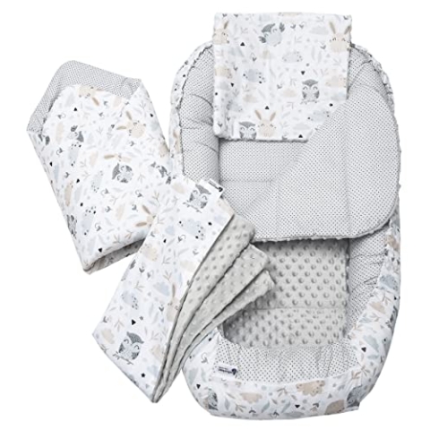 Medi Partners Babynestchen Babynest Set 100x60x15 Kuschelnest 5 teilig herausnehmbarer Einsatz Kokon Nestchen Babys Neugeborene 100% Baumwolle (Lichtung mit grauem Minky)