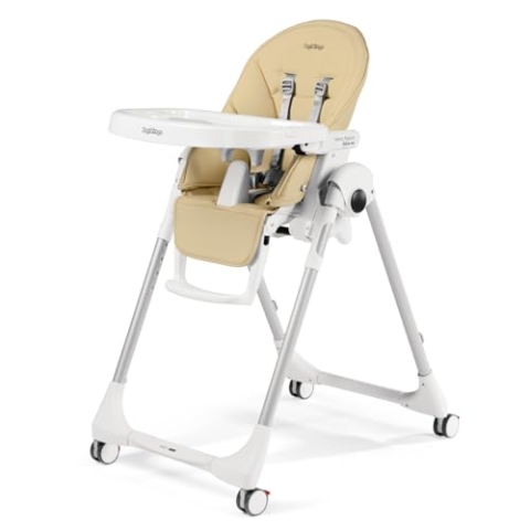 Peg Perego Prima Pappa Follow Me - Paloma - Hochstuhl mit Baby-Liegefunktion und 4 Doppelrollem mit Bremsen, Lederimitat-Bezug, beige