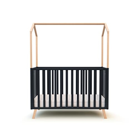 AT4 - Babybett hausbett Holz 60x120 CONFORT lackierte Buche und Graphitgrau|Kinderbett | Gitterbett mit Lattenrost 3 Stufen Höhenverstellbar |Bett umbaubar zum Juniorbett