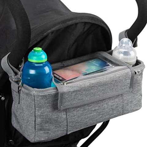BTR Kinderwagen Organizer, Buggy Organizer mit wasserfestem Regenschutz & 2 Kinderwagen Clips. Rauchgrau