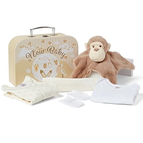 Baby Box Shop Geschenkset zur Geburt, Motiv: Les Incontourables du Newborn, inkl. Kuscheltuch, Strampler, Lätzchen aus Baumwolle und Fäustlingen