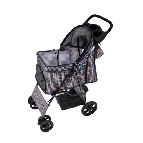 Monster Shop Haustierwagen mit Tasche, abnehmbar, blaues Tartanmuster, faltbarer Träger, 15 kg Kapazität, Räder, Bremsen, Netzfenster, Korb, Getränkehalter, Taschen und wasserdichter Regenschutz