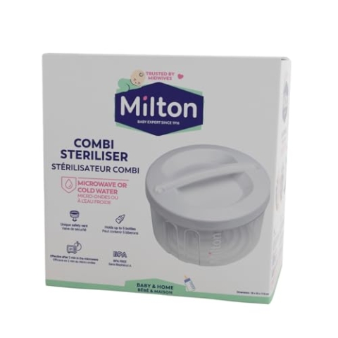 MILTON Combi Microwave Or Cold Water Steriliser in White – Fits Five Wide Neck Bottles of Any Brand