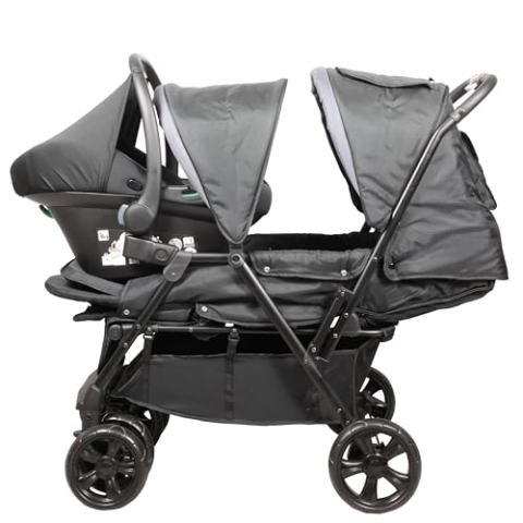 Passeggino gemellare doppio - BAMBISOL - Passeggino doppio combinato + Seggiolino auto I-size - 4 ruote - Nero