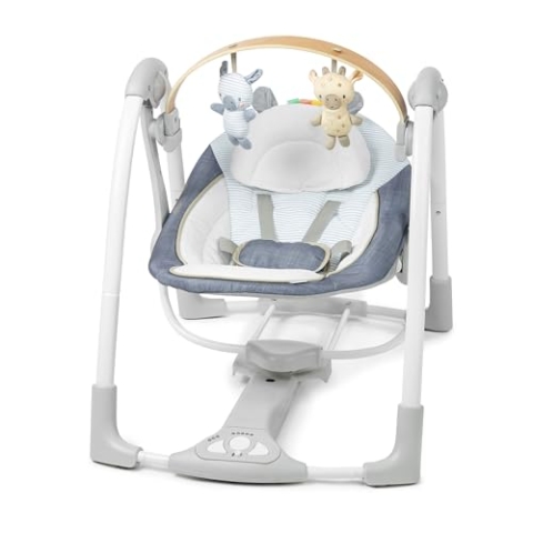 Ingenuity Swing 'n Go Babyschaukel & Babywippe mit Holz-Spielbogen, 5 Geschwindigkeiten, 0–9 Monate, bis 9 kg – Chambray