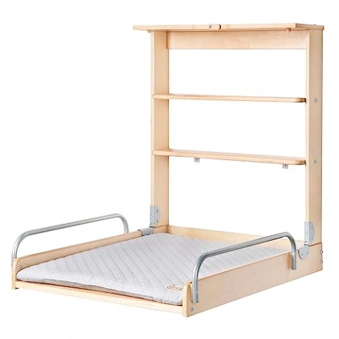 roba Wandwickelregal + Wickelauflage roba Style grau - Klappbar & platzsparendes Wickelregal zur Wandmontage - Wickeltisch mit 2 Ablagefächer - Holz natur