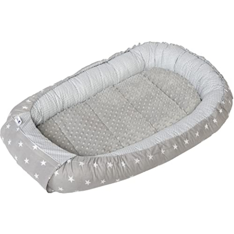 Medi Partners Babynestchen Babynest 100x60x15 Kuschelnest herausnehmbarer Einsatz Kokon Nestchen Babys Neugeborene Babybett 100% Baumwolle (graue Sternen mit graue Minky)