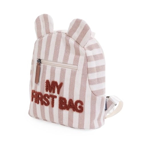 CHILDHOME, Kinderrucksack Baby, Schule, Kindergarten, Vorschule, Kinderkrippe, Zwei Fächer, Krippenrucksack, Flaschen geeignet, Sicherheitsschnalle, Wasserabweisend, My First Bag, Terracotta-Streifen