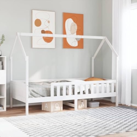 vidaXL Kinderbett, Hausbett mit Rausfallschutz Lattenrost, Spielbett für Jungen Mädchen, Holzbett Bett Kinderzimmer, Weiß 90x190cm Massivholz Kiefer